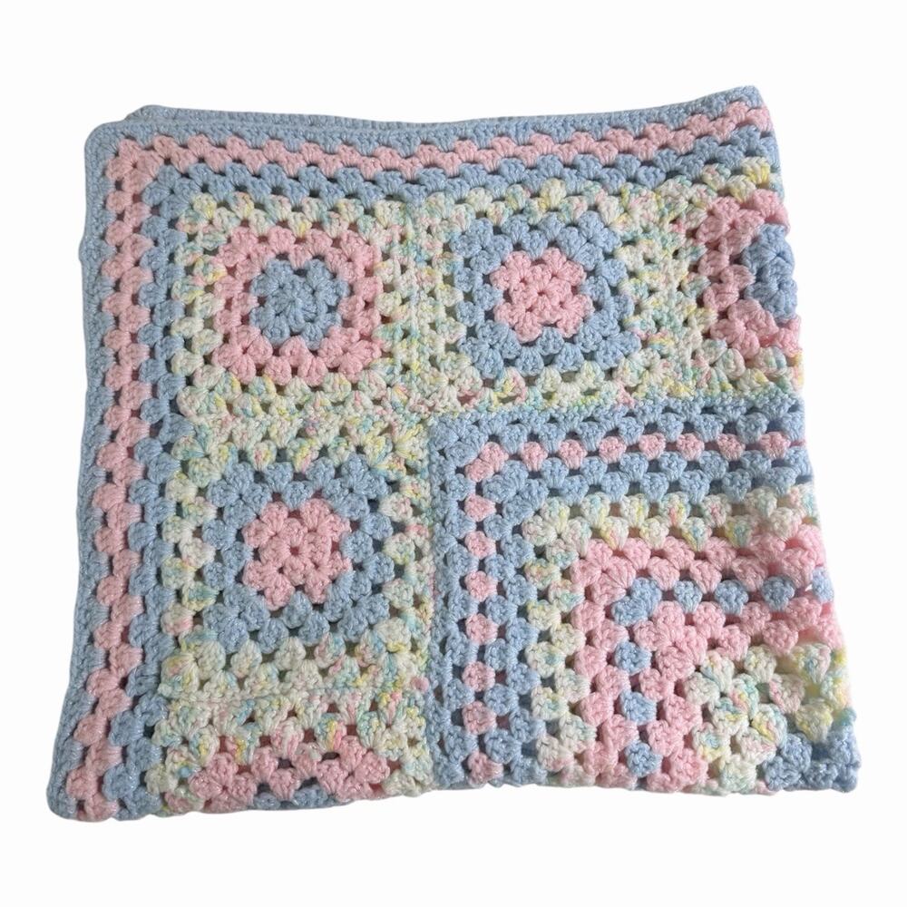 VINTAGE Handmade Crocheted Baby Blanket Blue Pink Cream 26”x27” Bring Home